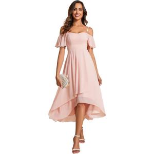 imageEverPretty Womens Summer Cold Shoulder HiLo Asymmetrical Hem Flowy Chiffon Short Wedding Guest Dress 02103Pink