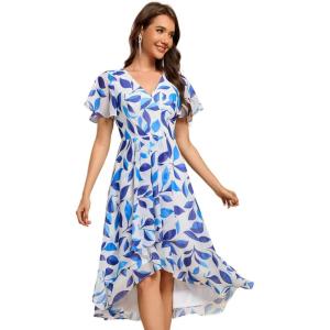 imageEverPretty Womens Classic V Neck Pleated Short Sleeves Chiffon HiLo Midi Wedding Guest Dress 03084Blue Verdure on White