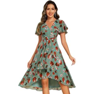 imageEverPretty Womens Classic V Neck Pleated Short Sleeves Chiffon HiLo Midi Wedding Guest Dress 03084Green Floral Print