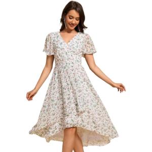 imageEverPretty Womens Classic V Neck Pleated Short Sleeves Chiffon HiLo Midi Wedding Guest Dress 03084White Green
