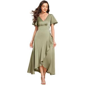 imageEverPretty Womens V Neck Satin Short Sleeves Ruffle HiLo Midi Bridesmaid Dress 02336Sage Green