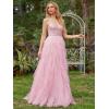 imageEverPretty Womens V Neck Tulle Prom Dresses 2025 Spaghetti Straps Sequin Long Formal Party GownsPink