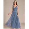 imageEverPretty Womens Prom Dresses V Neck Sleeveless Tulle Hem ALine Sequins Maxi Ball Gowns 02130Dusty Navy