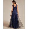 imageEverPretty Womens Prom Dresses V Neck Sleeveless Tulle Hem ALine Sequins Maxi Ball Gowns 02130Navy Blue