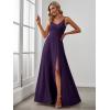 imageEverPretty Womens Sexy Spaghetti Straps Chiffon Ruched VNeck Slit FloorLength Formal DressDark Purple