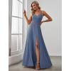 imageEverPretty Womens Sexy Spaghetti Straps Chiffon Ruched VNeck Slit FloorLength Formal DressDusty Navy