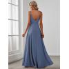 imageEverPretty Womens Sexy Spaghetti Straps Chiffon Ruched VNeck Slit FloorLength Formal DressDusty Navy