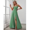 imageEverPretty Womens Sexy Spaghetti Straps Chiffon Ruched VNeck Slit FloorLength Formal DressGreen Bean