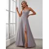 imageEverPretty Womens Sexy Spaghetti Straps Chiffon Ruched VNeck Slit FloorLength Formal DressGrey