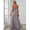 imageEverPretty Womens Sexy Spaghetti Straps Chiffon Ruched VNeck Slit FloorLength Formal DressGrey