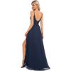 imageEverPretty Womens Sexy Spaghetti Straps Chiffon Ruched VNeck Slit FloorLength Formal DressNavy Blue