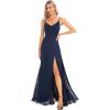 imageEverPretty Womens Sexy Spaghetti Straps Chiffon Ruched VNeck Slit FloorLength Formal DressNavy Blue