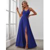 imageEverPretty Womens Sexy Spaghetti Straps Chiffon Ruched VNeck Slit FloorLength Formal DressSapphire Blue