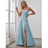 imageEverPretty Womens Sexy Spaghetti Straps Chiffon Ruched VNeck Slit FloorLength Formal DressSky Blue