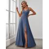 imageEverPretty Womens Sexy Spaghetti Straps Chiffon Ruched VNeck Slit FloorLength Formal DressStormy