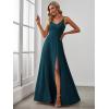 imageEverPretty Womens Sexy Spaghetti Straps Chiffon Ruched VNeck Slit FloorLength Formal DressTeal