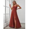 imageEverPretty Womens Sexy Spaghetti Straps Chiffon Ruched VNeck Slit FloorLength Formal DressVermilion