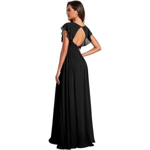 imageEverPretty Womens Flowy Chiffon A Line Ruffles Sleeves Back Cutout Bridesmaid Dresses 01819Black