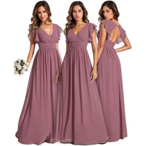 imageEverPretty Womens Flowy Chiffon A Line Ruffles Sleeves Back Cutout Bridesmaid Dresses 01819Orchid