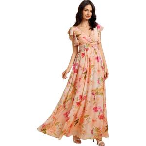 imageEverPretty Womens Flowy Chiffon A Line Ruffles Sleeves Back Cutout Bridesmaid Dresses 01819Peach Fuzz