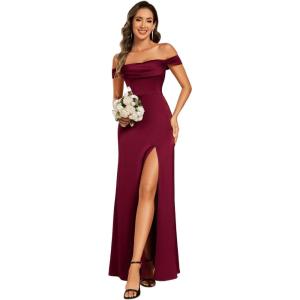 imageEverPretty Womens OffShoulder Split Floor Length Pleated Backless Bandage Satin Prom Dress 02320Burgundy