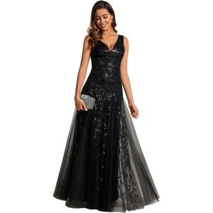 imageEverPretty Womens Prom Dresses V Neck Sleeveless Tulle Hem ALine Sequins Maxi Ball Gowns 02130Black