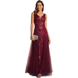 imageEverPretty Womens Prom Dresses V Neck Sleeveless Tulle Hem ALine Sequins Maxi Ball Gowns 02130Burgundy