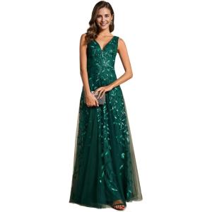 imageEverPretty Womens Prom Dresses V Neck Sleeveless Tulle Hem ALine Sequins Maxi Ball Gowns 02130Deep Green