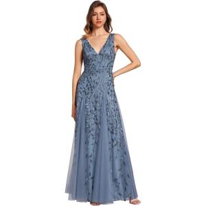 imageEverPretty Womens Prom Dresses V Neck Sleeveless Tulle Hem ALine Sequins Maxi Ball Gowns 02130Dusty Navy
