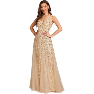 imageEverPretty Womens Prom Dresses V Neck Sleeveless Tulle Hem ALine Sequins Maxi Ball Gowns 02130Gold