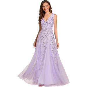 imageEverPretty Womens Prom Dresses V Neck Sleeveless Tulle Hem ALine Sequins Maxi Ball Gowns 02130Lavender