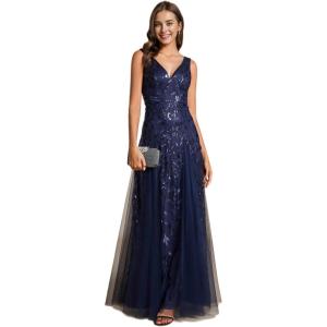 imageEverPretty Womens Prom Dresses V Neck Sleeveless Tulle Hem ALine Sequins Maxi Ball Gowns 02130Navy Blue