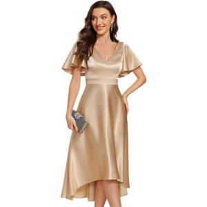 imageEverPretty Womens Satin Short Ruffles Sleeves A Line Empire Waist Wedding Guest Dress with Pockets 02335Champagne
