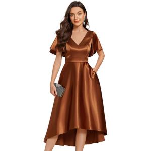 imageEverPretty Womens Satin Short Ruffles Sleeves A Line Empire Waist Wedding Guest Dress with Pockets 02335Copper
