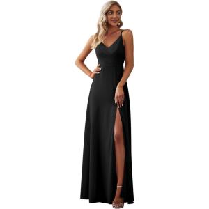 imageEverPretty Womens Sexy Spaghetti Straps Chiffon Ruched VNeck Slit FloorLength Formal DressBlack
