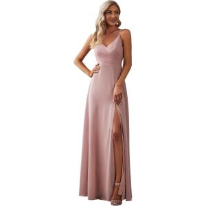 imageEverPretty Womens Sexy Spaghetti Straps Chiffon Ruched VNeck Slit FloorLength Formal DressDusty Rose