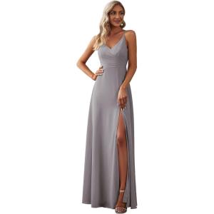 imageEverPretty Womens Sexy Spaghetti Straps Chiffon Ruched VNeck Slit FloorLength Formal DressGrey