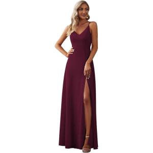 imageEverPretty Womens Sexy Spaghetti Straps Chiffon Ruched VNeck Slit FloorLength Formal DressMulberry