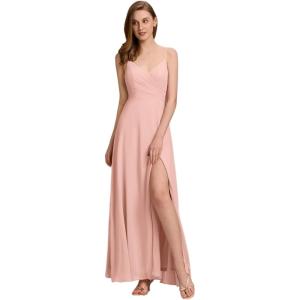 imageEverPretty Womens Sexy Spaghetti Straps Chiffon Ruched VNeck Slit FloorLength Formal DressPink