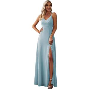 imageEverPretty Womens Sexy Spaghetti Straps Chiffon Ruched VNeck Slit FloorLength Formal DressSky Blue