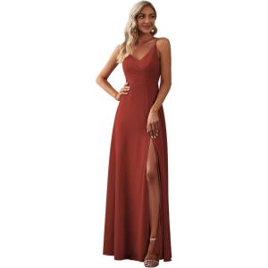 imageEverPretty Womens Sexy Spaghetti Straps Chiffon Ruched VNeck Slit FloorLength Formal DressVermilion