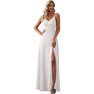 imageEverPretty Womens Sexy Spaghetti Straps Chiffon Ruched VNeck Slit FloorLength Formal DressWhite