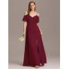 imageEverPretty Womens V Neck Pleated Cold Shoulder Chiffon Slit Floor Length Bridesmaid Dresses 02365Burgundy