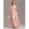 imageEverPretty Womens V Neck Pleated Cold Shoulder Chiffon Slit Floor Length Bridesmaid Dresses 02365Pink