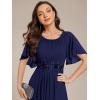 imageEverPretty Womens Classic Round Neck Pleated Short Sleeves Chiffon Appliques Floor Length A Line Evening Dresses 02960Navy Blue