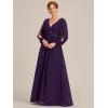 imageEverPretty Womens VNeck Chiffon ALine Waist Appliques Flowing Sleeves Floor Length Mother of The Bride Dresses 00461PHDark Purple