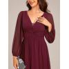 imageEverPretty Womens VNeck Long Sleeves ALine Pleated Chiffon Floor Length Formal Dress 02235Burgundy