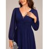 imageEverPretty Womens VNeck Long Sleeves ALine Pleated Chiffon Floor Length Formal Dress 02235Navy Blue