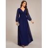 imageEverPretty Womens VNeck Long Sleeves ALine Pleated Chiffon Floor Length Formal Dress 02235Navy Blue
