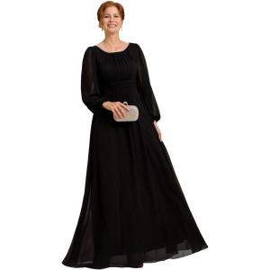 imageEverPretty Classic Round Neck Long Sleeves Empire Waist Floor Length Chiffon Mother of The Bride Dresses 0106BPHBlack